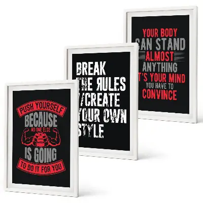Set of 3 framed motivational wall art pieces featuring themes of training and self-development