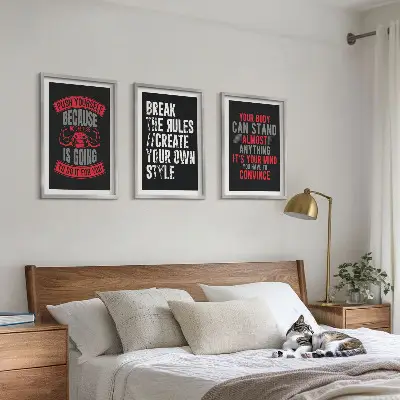 Set of 3 framed motivational wall art pieces featuring themes of training and self-development