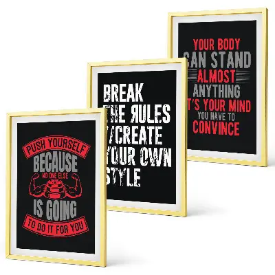 Set of 3 framed motivational wall art pieces featuring themes of training and self-development