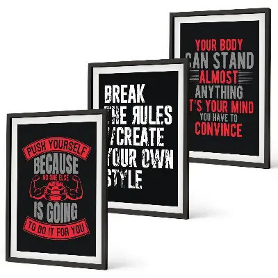 Set of 3 framed motivational wall art pieces featuring themes of training and self-development