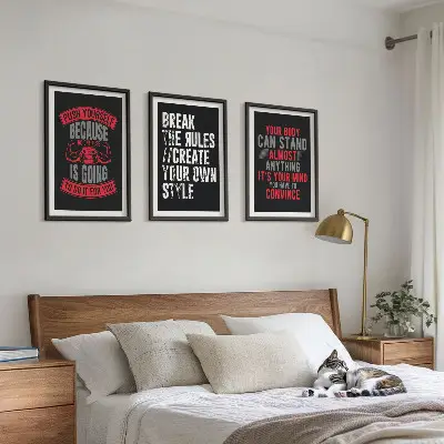 Set of 3 framed motivational wall art pieces featuring themes of training and self-development