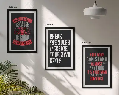 Set of 3 framed motivational wall art pieces featuring themes of training and self-development