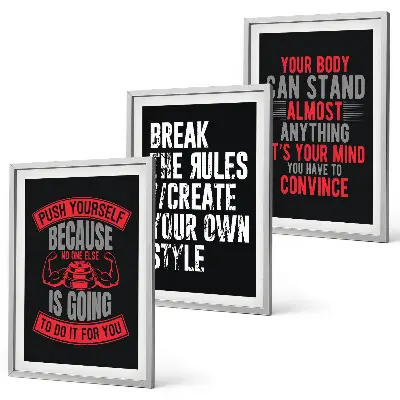 Set of 3 framed motivational wall art pieces featuring themes of training and self-development