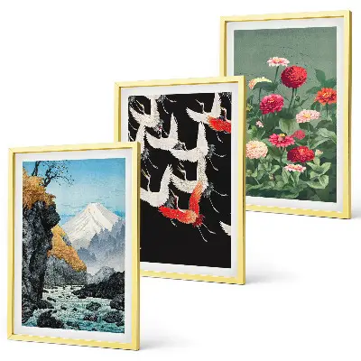 Wall art set featuring mountains, waterfall, birds, and flowers