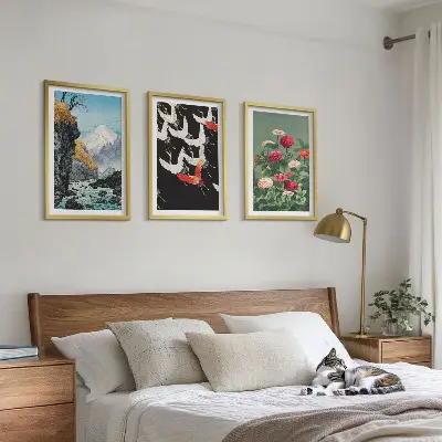 Wall art set featuring mountains, waterfall, birds, and flowers