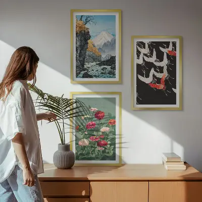 Wall art set featuring mountains, waterfall, birds, and flowers