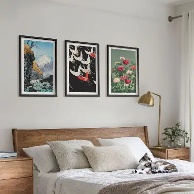 Wall art set featuring mountains, waterfall, birds, and flowers