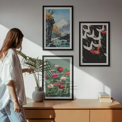 Wall art set featuring mountains, waterfall, birds, and flowers