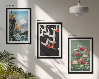 Wall art set featuring mountains, waterfall, birds, and flowers