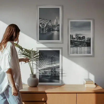 Wall art set featuring bridges and city architecture in gray