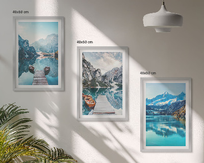 Three-piece wall art piece Mountain lakes boats reflection