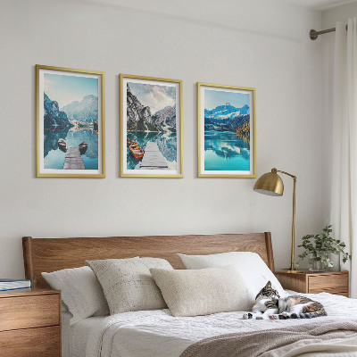 Three-piece wall art piece Mountain lakes boats reflection