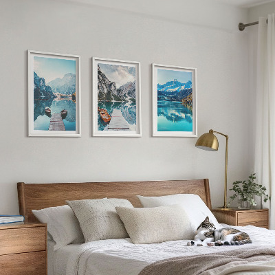 Three-piece wall art piece Mountain lakes boats reflection