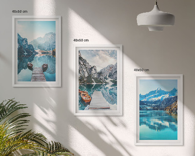 Three-piece wall art piece Mountain lakes boats reflection