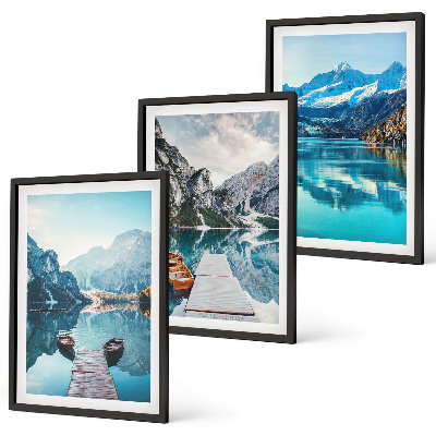 Three-piece wall art piece Mountain lakes boats reflection