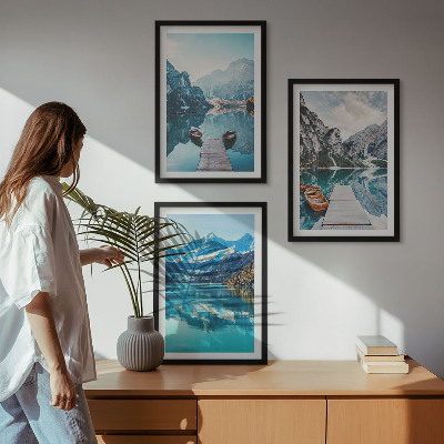Three-piece wall art piece Mountain lakes boats reflection