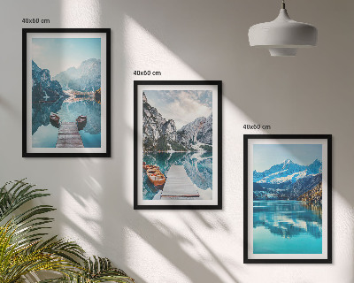 Three-piece wall art piece Mountain lakes boats reflection