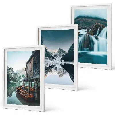 Set of 3 framed wall art pieces featuring mountain landscapes with waterfalls and lakes