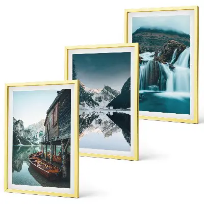 Set of 3 framed wall art pieces featuring mountain landscapes with waterfalls and lakes