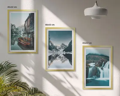 Set of 3 framed wall art pieces featuring mountain landscapes with waterfalls and lakes