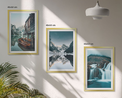Set of 3 framed wall art pieces Mountain landscapes waterfall lake