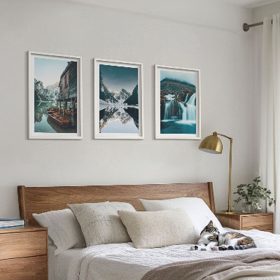 Set of 3 framed wall art pieces Mountain landscapes waterfall lake