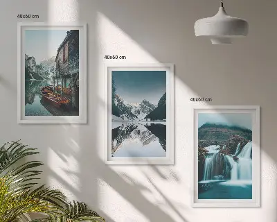 Set of 3 framed wall art pieces featuring mountain landscapes with waterfalls and lakes