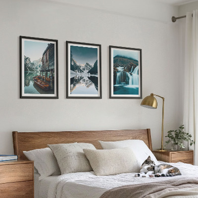 Set of 3 framed wall art pieces Mountain landscapes waterfall lake