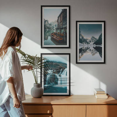 Set of 3 framed wall art pieces Mountain landscapes waterfall lake