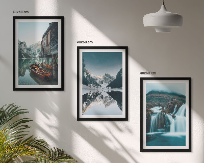 Set of 3 framed wall art pieces Mountain landscapes waterfall lake