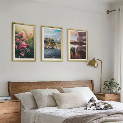 Wall art set featuring a flowers garden, mountains, and water