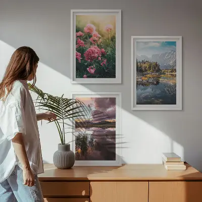 Wall art set featuring a flowers garden, mountains, and water