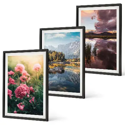 Wall art set featuring a flowers garden, mountains, and water