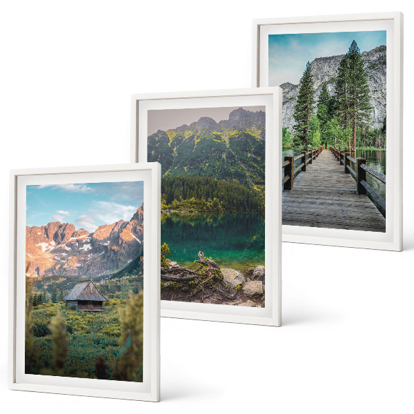 Three-piece wall art piece Mountain landscape lake bridge