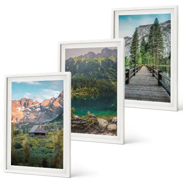 Three-piece wall art set mountain landscape with lake and bridge