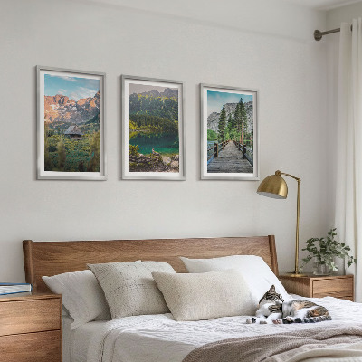 Three-piece wall art piece Mountain landscape lake bridge