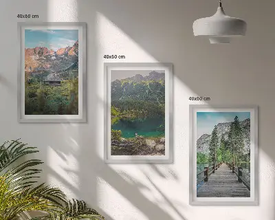 Three-piece wall art set mountain landscape with lake and bridge