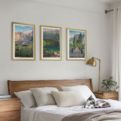 Three-piece wall art piece Mountain landscape lake bridge