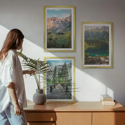 Three-piece wall art set mountain landscape with lake and bridge