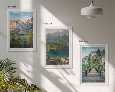 Three-piece wall art piece Mountain landscape lake bridge