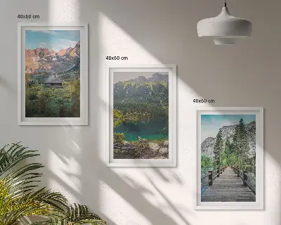 Three-piece wall art set mountain landscape with lake and bridge