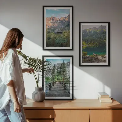 Three-piece wall art set mountain landscape with lake and bridge