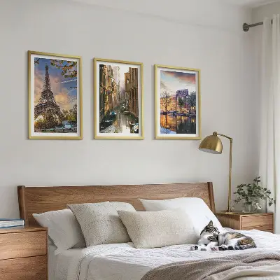 Wall art set featuring Eiffel Tower, Venice, and Amsterdam canals