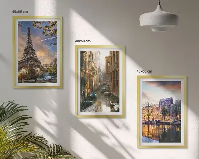 Wall art set featuring Eiffel Tower, Venice, and Amsterdam canals
