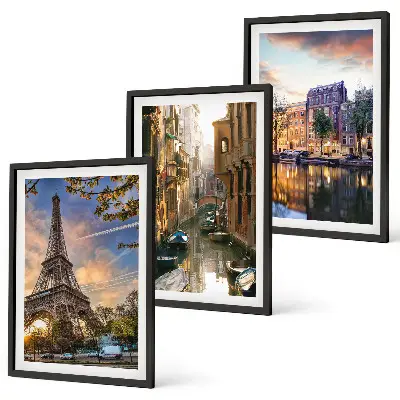 Wall art set featuring Eiffel Tower, Venice, and Amsterdam canals