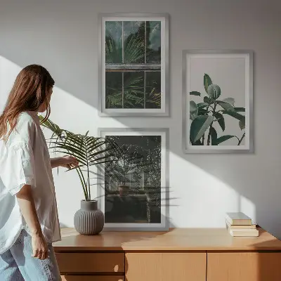 Three-piece wall art set green leaves on the window plant print