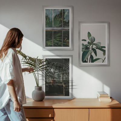 Three-piece wall art piece Green leaves on the window plant