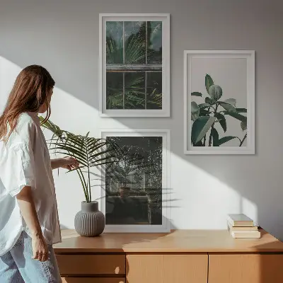 Three-piece wall art set green leaves on the window plant print