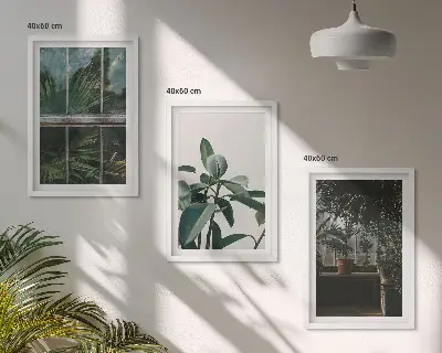 Three-piece wall art set green leaves on the window plant print