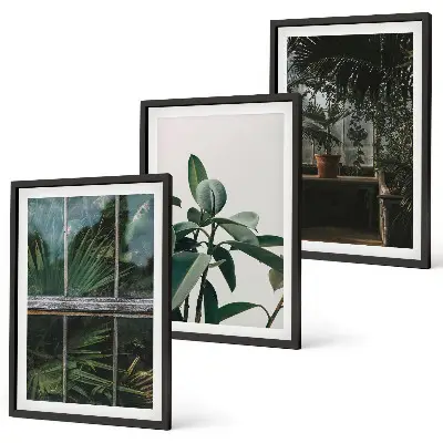 Three-piece wall art set green leaves on the window plant print